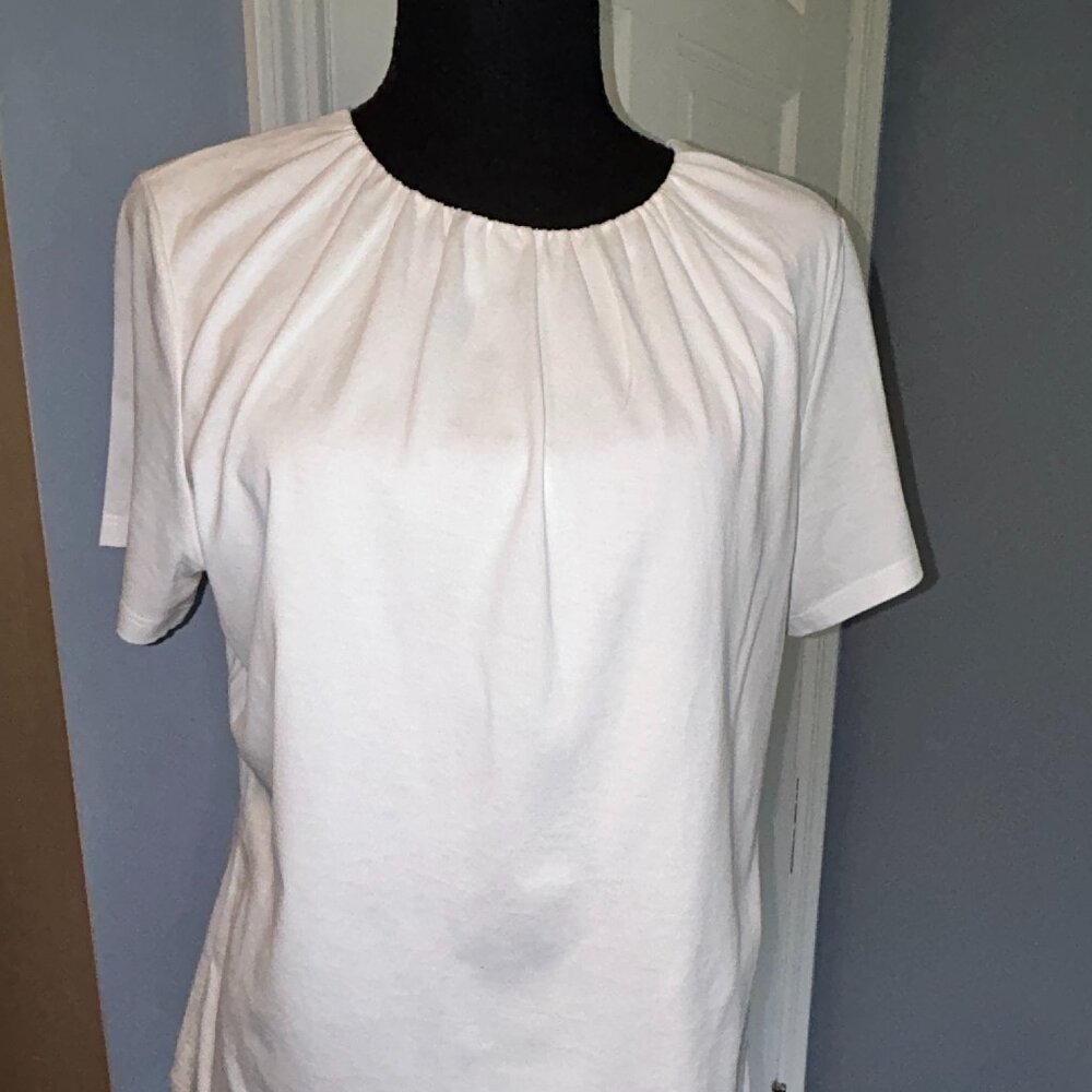 Theory White Short Sleeve Gathered Pima Cotton T-shirt, Ladies Large